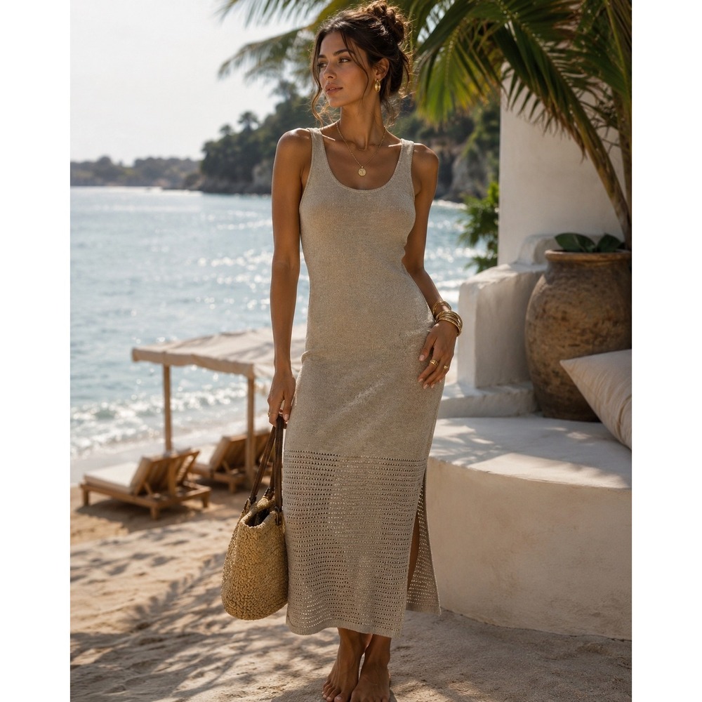 Universal Thread Womens Tan Knit Sleeveless Midi Sweater Dress Crochet S NEW
